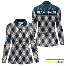 Load image into Gallery viewer, Blue Argyle Plaid Pattern Womens Golf Polo Shirts Custom Golf Attire For Ladies, Team Golf Shirt NBT636