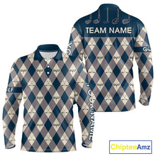 Load image into Gallery viewer, Blue Argyle Plaid Pattern Mens Golf Polo Shirts Custom Golf Attire For Men, Team Golf Shirt NBT636