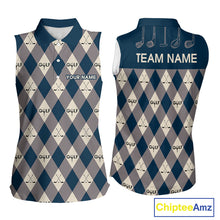 Load image into Gallery viewer, Blue Argyle Plaid Pattern Womens Sleeveless Golf Polo Shirts Custom Golf Attire For Ladies, Team Golf Shirt NBT636