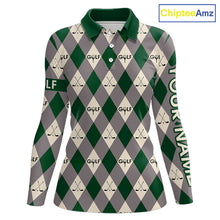 Load image into Gallery viewer, Green Argyle Plaid Pattern Womens Golf Polo Shirts Custom Golf Attire For Ladies, Team Golf Shirt NBT637