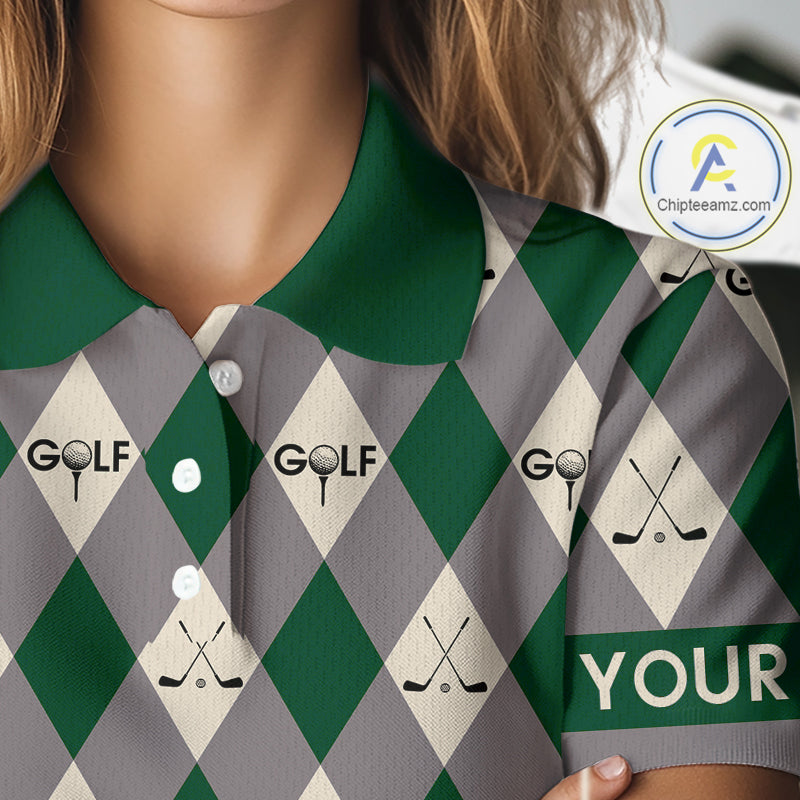 Green Argyle Plaid Pattern Womens Golf Polo Shirts Custom Golf Attire For Ladies, Team Golf Shirt NBT637