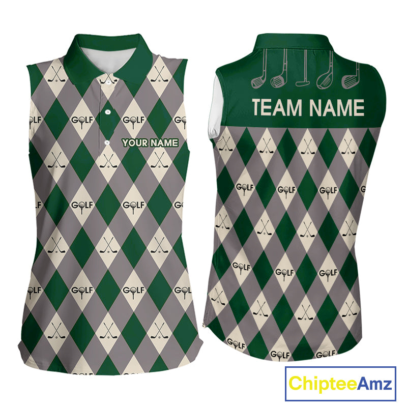 Green Argyle Plaid Pattern Womens Sleeveless Golf Polo Shirts Custom Golf Attire For Ladies, Team Golf Shirt NBT637