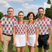 Load image into Gallery viewer, Red Argyle Plaid Pattern Mens Golf Polo Shirts Custom Golf Attire For Men, Team Golf Shirt NBT638