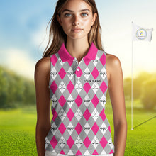 Load image into Gallery viewer, Pink Argyle Plaid Pattern Womens Sleeveless Golf Polo Shirts Custom Golf Attire For Ladies, Team Golf Shirt NBT639