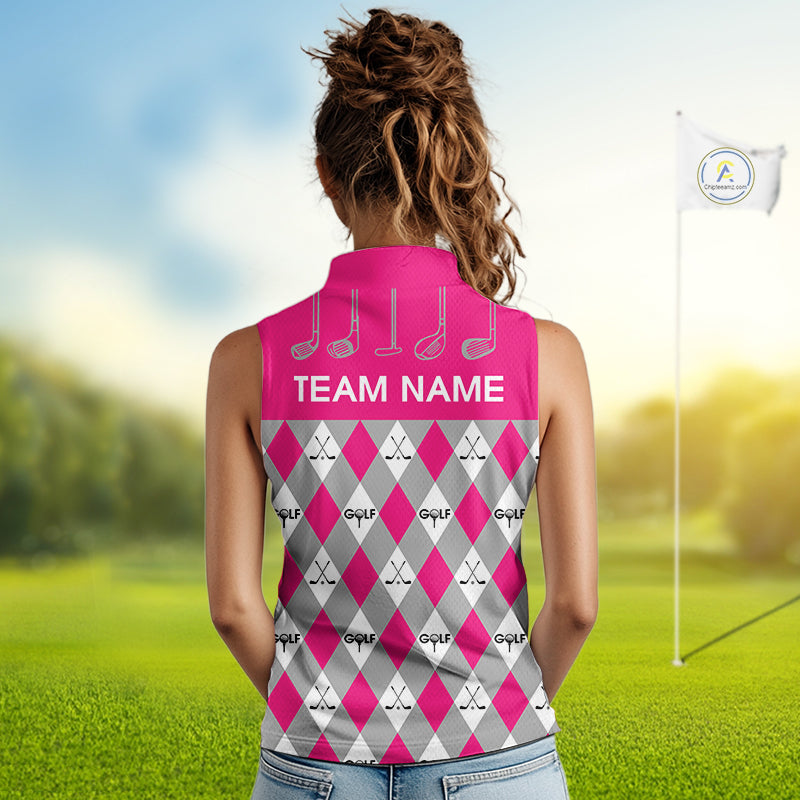 Pink Argyle Plaid Pattern Womens Sleeveless Golf Polo Shirts Custom Golf Attire For Ladies, Team Golf Shirt NBT639