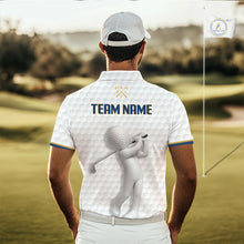 Load image into Gallery viewer, Golfer wearing Custom Name mens golf polo shirt with unique golf ball pattern perfect golf gift for men on the course