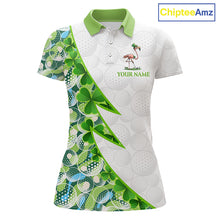 Load image into Gallery viewer, Front view Funny Flamingo green clover white womens golf polo shirt St Patrick Day golf apparel