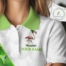 Load image into Gallery viewer, Close-up fabric of Funny Flamingo green clover pattern white mens golf polo shirt St Patrick Day 