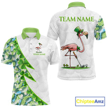 Load image into Gallery viewer, Front and back view Funny Flamingo green clover pattern white mens golf polo shirt St Patrick Day golf apparel