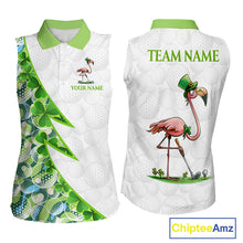 Load image into Gallery viewer, Front and back view Funny Flamingo green clover white womens sleeveless golf polo shirt St Patrick Day golf apparel