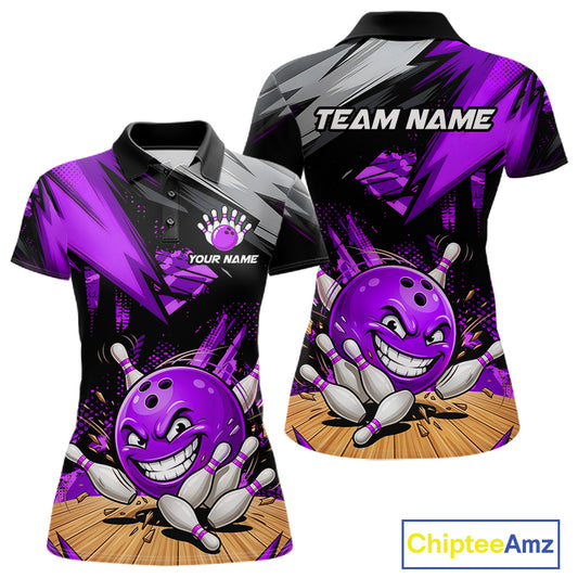 Custom Funny Bowling Ball  Bowling Women Polo & 1/4 Quarter Zip Shirt, Purple Bowling Team Shirt NBT930