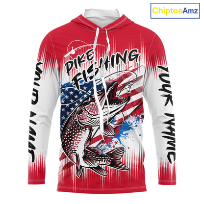 Personalized American Flag Northern Pike Long Sleeve Hooded Fishing Shirts, Patriotic Pike Fishing Jerseys|Red NBT656