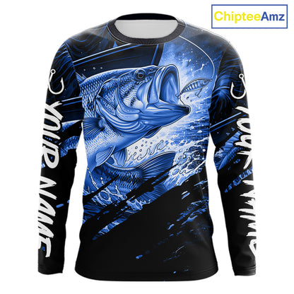 Long sleeve fishing shirt with blue bass fish design on a black background