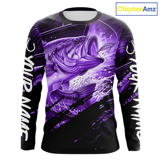 Long sleeve fishing shirt with purple bass fish design on a black background