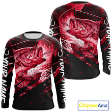 Load image into Gallery viewer, Red and black long sleeve fishing shirt with largemouth bass fish design on a white background