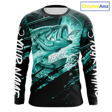 Load image into Gallery viewer, Long sleeve fishing shirt with teal bass fish design on a black background