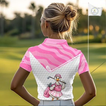 Pink Zebra Pattern Funny Duck Womens Golf Polo Shirts, Cute Duck Golfer, Sporty Animal Golf Gift NBT658