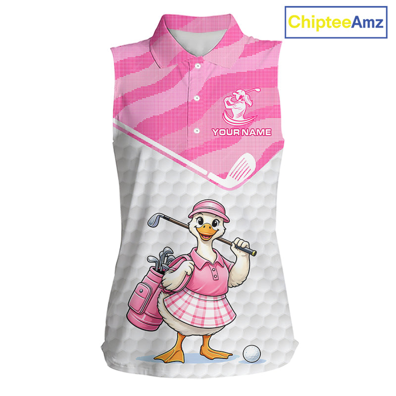 Pink Zebra Pattern Funny Duck Womens Sleeveless Golf Polo Shirts, Cute Duck Golfer, Sporty Animal Golf Gift NBT658