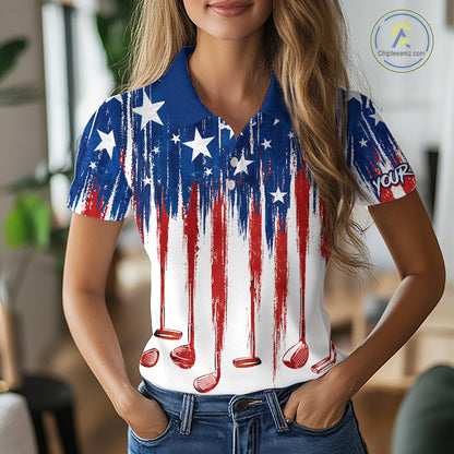 Personalized American Flag Golf White Womens Golf Polo Shirts Custom Name Golf Gifts For Ladies NBT659