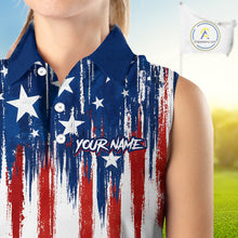 Load image into Gallery viewer, Personalized American Flag Golf White Womens Sleeveless Golf Polo Shirts Custom Name Golf Gifts For Ladies NBT659