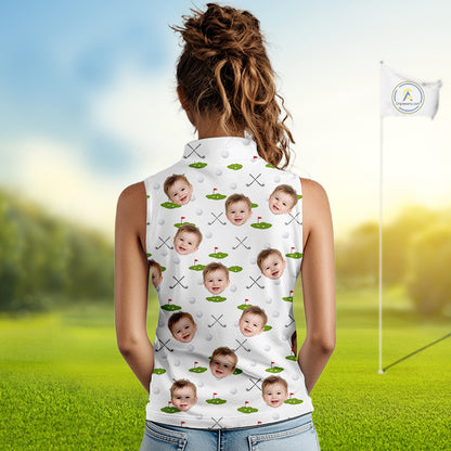 Personalized Face & Name Sleeveless Golf Polo Shirt For Women, Best Mom Golf Shirt, Mother's Day Gift Polo|White NBT661