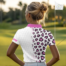 Load image into Gallery viewer, Woman on a golf course wearing a white polo shirt with pink leopard print and 'YOUR NAME' text