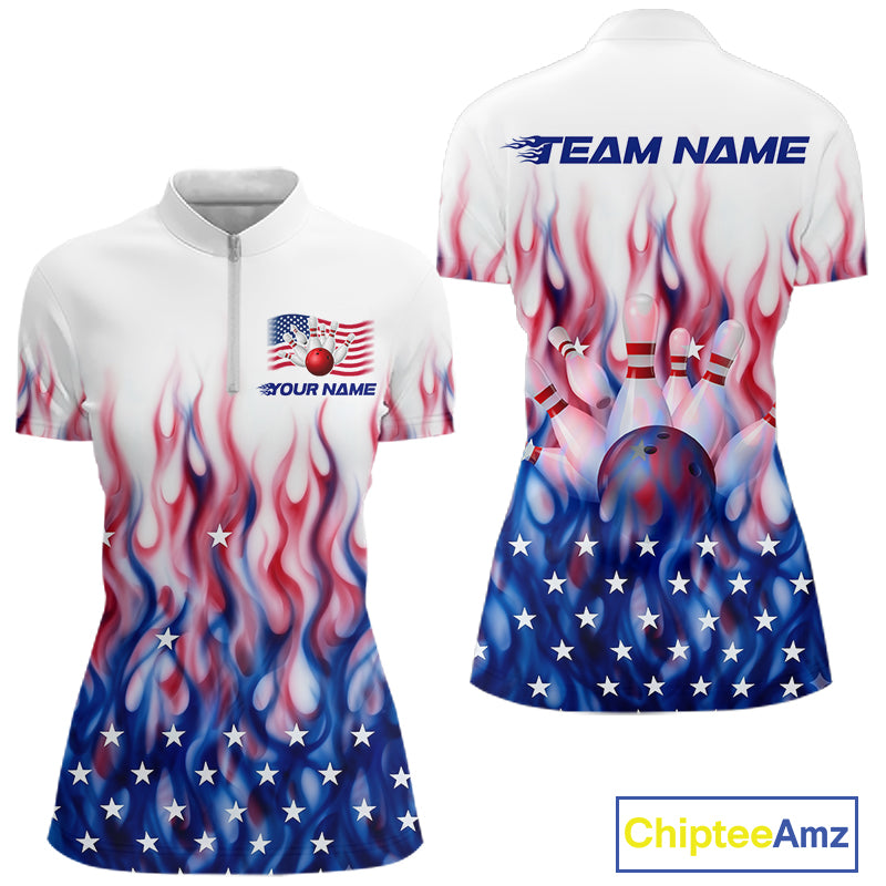 Fire American Flag Custom Patriotic Bowling Shirts For Women, Flame US Bowling League Shirt NBT934