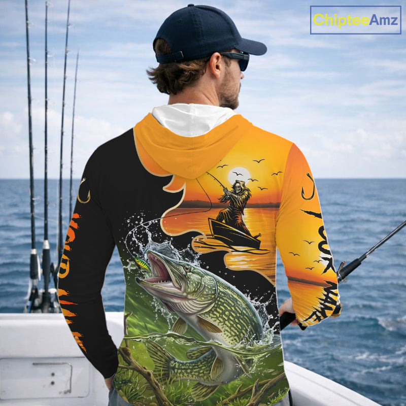 Personalized Fish Reaper Sunset Design Northern Pike Long Sleeve Hooded Fishing Shirts NBT675