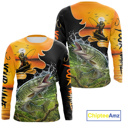 Personalized Fish Reaper Sunset Design Northern Pike Fishing Shirts Long Sleeve NBT675