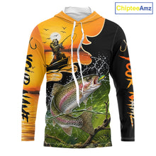 Load image into Gallery viewer, Personalized Fish Reaper Sunset Design Rainbow Trout Long Sleeve Hooded Fishing Shirts NBT676