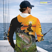 Load image into Gallery viewer, Personalized Fish Reaper Sunset Design Rainbow Trout Long Sleeve Hooded Fishing Shirts NBT676