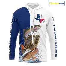 Load image into Gallery viewer, Blue Texas Slam Fishing Custom Performance Long Sleeve Hooded Team Redfish, Trout, Flounder Fishing Shirts NBT679