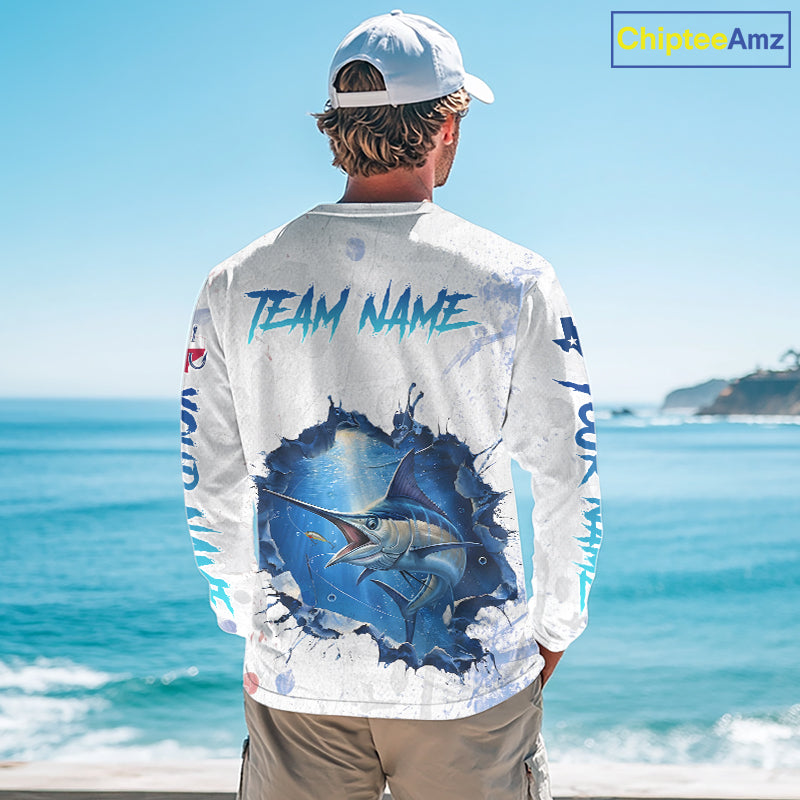 Custom Marlin Fishing Long Sleeve Tournament Shirts, Marlin Saltwater Fishing Apparel | White NBT681