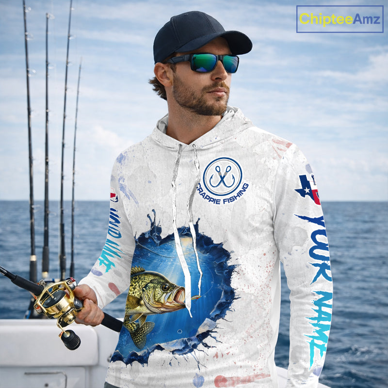 Custom Crappie Fishing Long Sleeve Hooded Tournament Shirts, Crappie Fishing Apparel | White NBT682