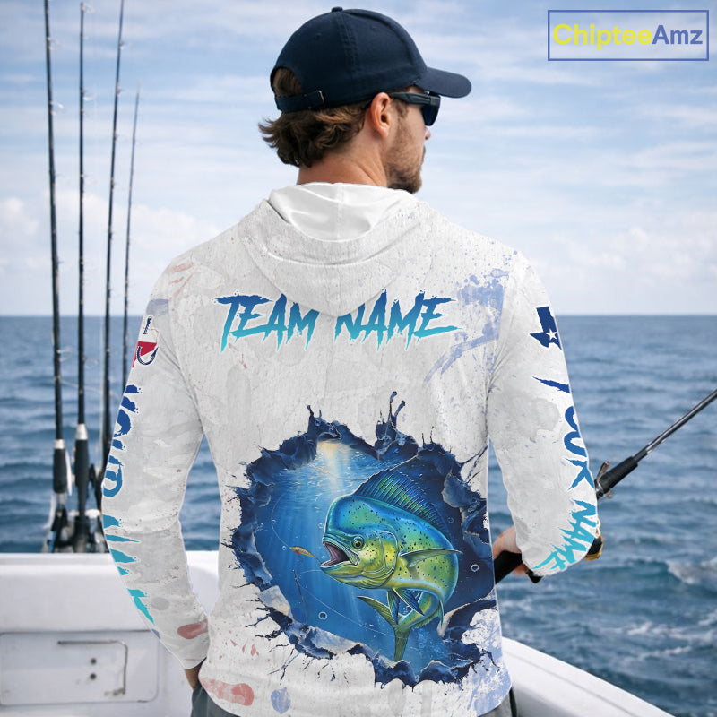 Custom Mahi Mahi Fishing Long Sleeve Hooded Tournament Shirts, Mahi Mahi Saltwater Fishing Apparel | White NBT683