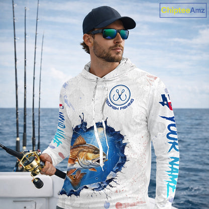 Custom Redfish Fishing Long Sleeve Hooded Tournament Shirts, Redfish Saltwater Fishing Apparel | White NBT684