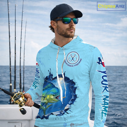 Custom Mahi Mahi Fishing Long Sleeve Hooded Tournament Shirts, Mahi Mahi Saltwater Fishing Apparel | Blue NBT687