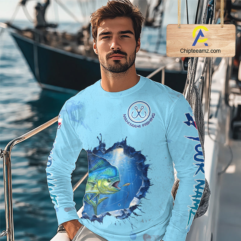 Custom Mahi Mahi Fishing Long Sleeve Tournament Shirts, Mahi Mahi Saltwater Fishing Apparel | Blue NBT687
