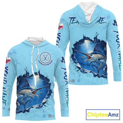 Custom Marlin Fishing Long Sleeve Hooded Tournament Shirts, Marlin Saltwater Fishing Apparel | Blue NBT688