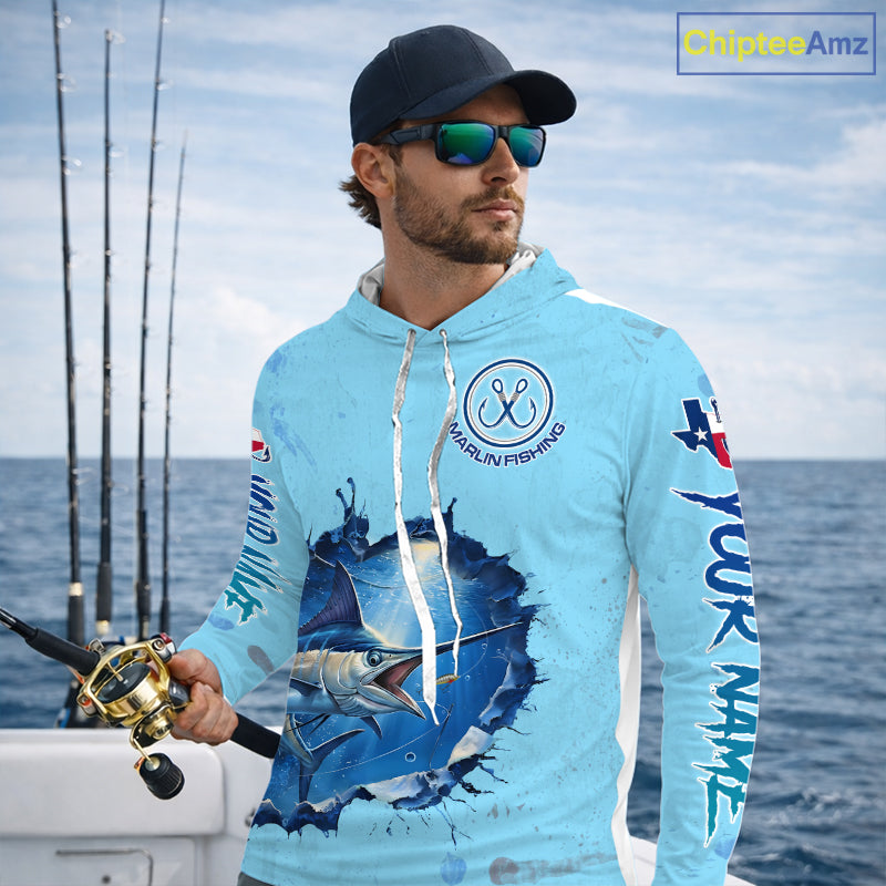 Custom Marlin Fishing Long Sleeve Hooded Tournament Shirts, Marlin Saltwater Fishing Apparel | Blue NBT688