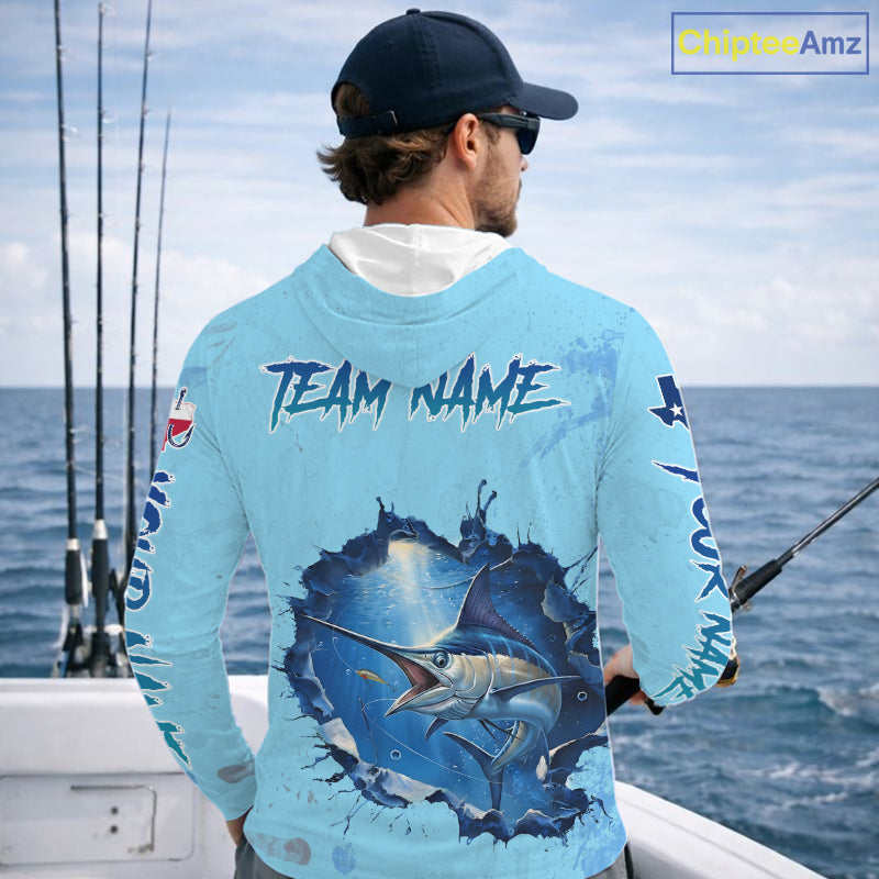 Custom Marlin Fishing Long Sleeve Hooded Tournament Shirts, Marlin Saltwater Fishing Apparel | Blue NBT688