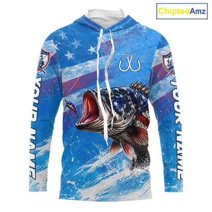 Blue bass long sleeve hooded fishing shirt with fish design and American flag pattern