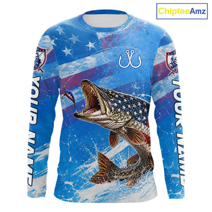 American flag northern pike fishing shirt long sleeve front view