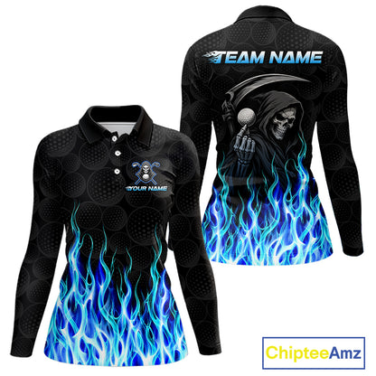 Custom Blue Flame Reaper Golf Ball Pattern Womens Golf Polo Shirts Black Tournament Golf Team Shirts, Golf Outfit NBT874