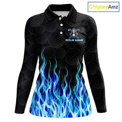 Custom Blue Flame Reaper Golf Ball Pattern Womens Golf Polo Shirts Black Tournament Golf Team Shirts, Golf Outfit NBT874