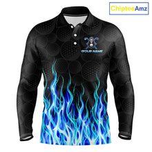 Load image into Gallery viewer, Front view of custom Blue Flame Reaper long sleeve golf polo shirt