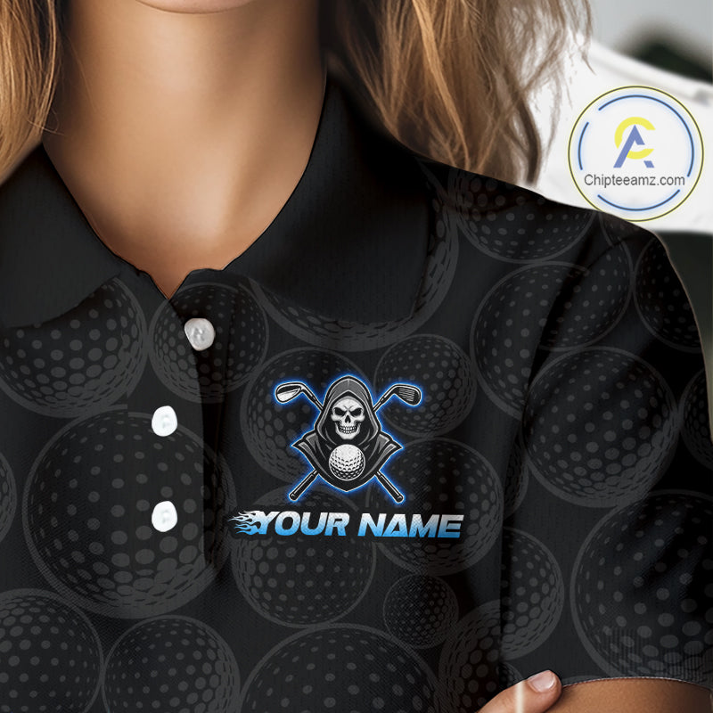 Custom Blue Flame Reaper Golf Ball Pattern Womens Golf Polo Shirts Black Tournament Golf Team Shirts, Golf Outfit NBT874