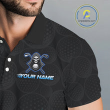 Load image into Gallery viewer, Close-up fabric of Blue Flame Reaper golf ball pattern mens golf polo shirt with personalized name on the chest
