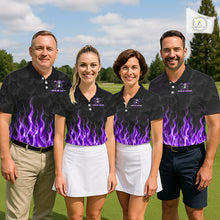 Load image into Gallery viewer, Mixed golf team wearing matching Purple Flame Reaper custom name golf polo shirts
