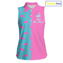 Load image into Gallery viewer, Front view of women’s sleeveless golf polo shirt with pink and blue flamingos pattern